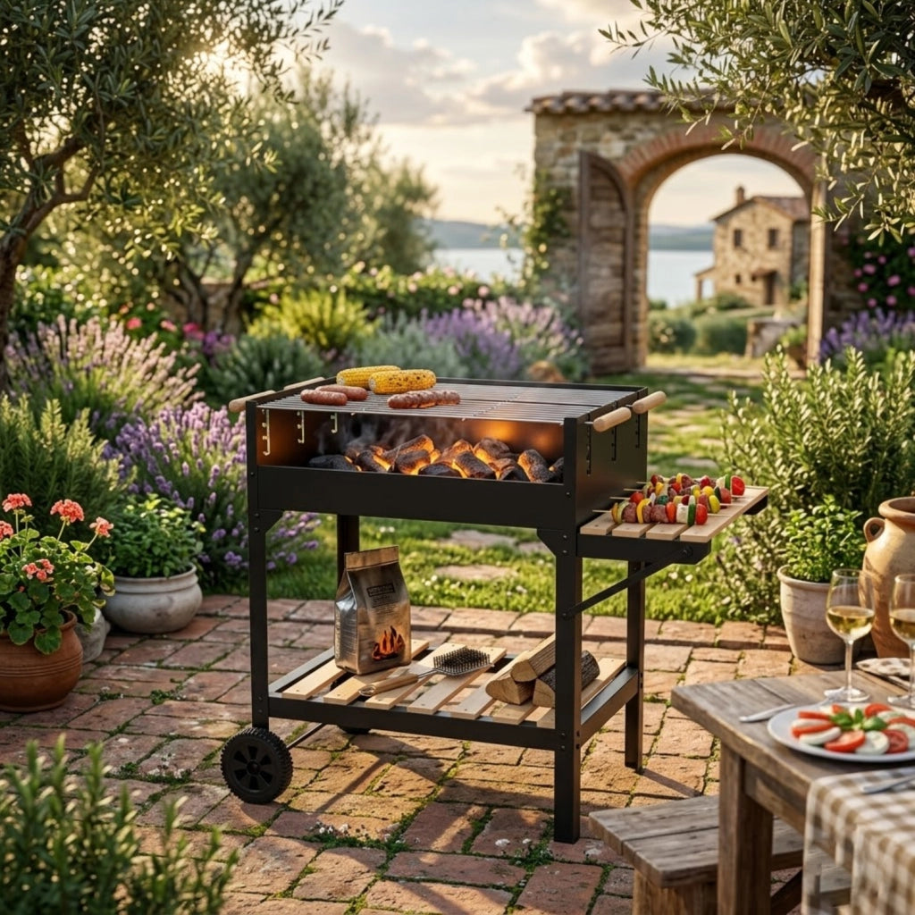 BBQ Grill A Carbonella Con Griglia Regolabile Su Diversi Livelli Piano Laterale Di Appoggio Ripiano Inferiore E Telaio In Acciaio Con Ruote Per Grigliate All Aperto 122 x 53 x 100 Cm Nero