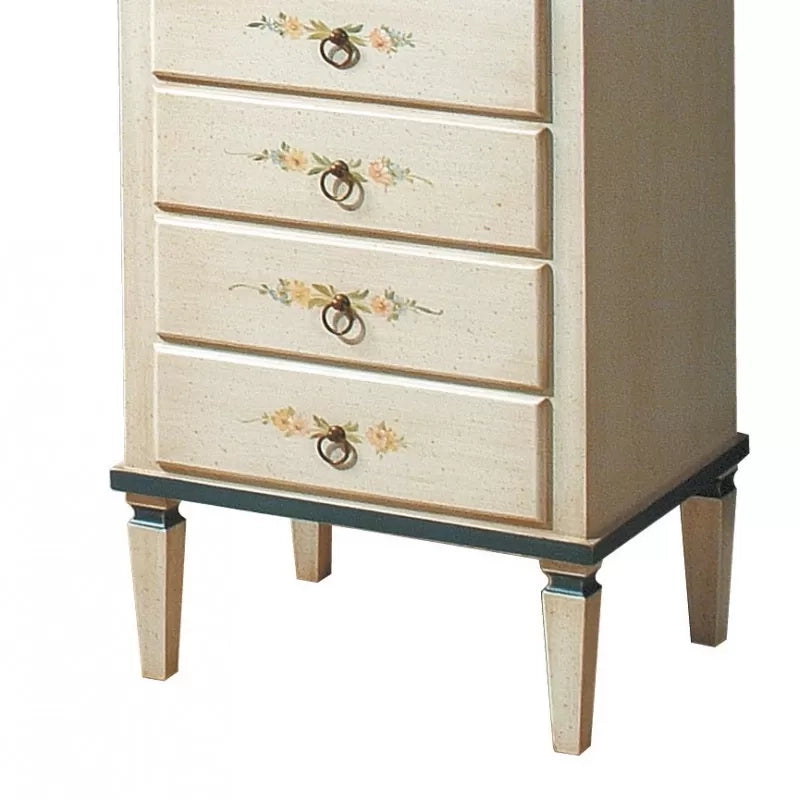 Cassettiera 7 cassetti in legno arte povera laccato bianco con profili blu e decori l.49 x p.37 h.106 (1345) - Mobili 2G