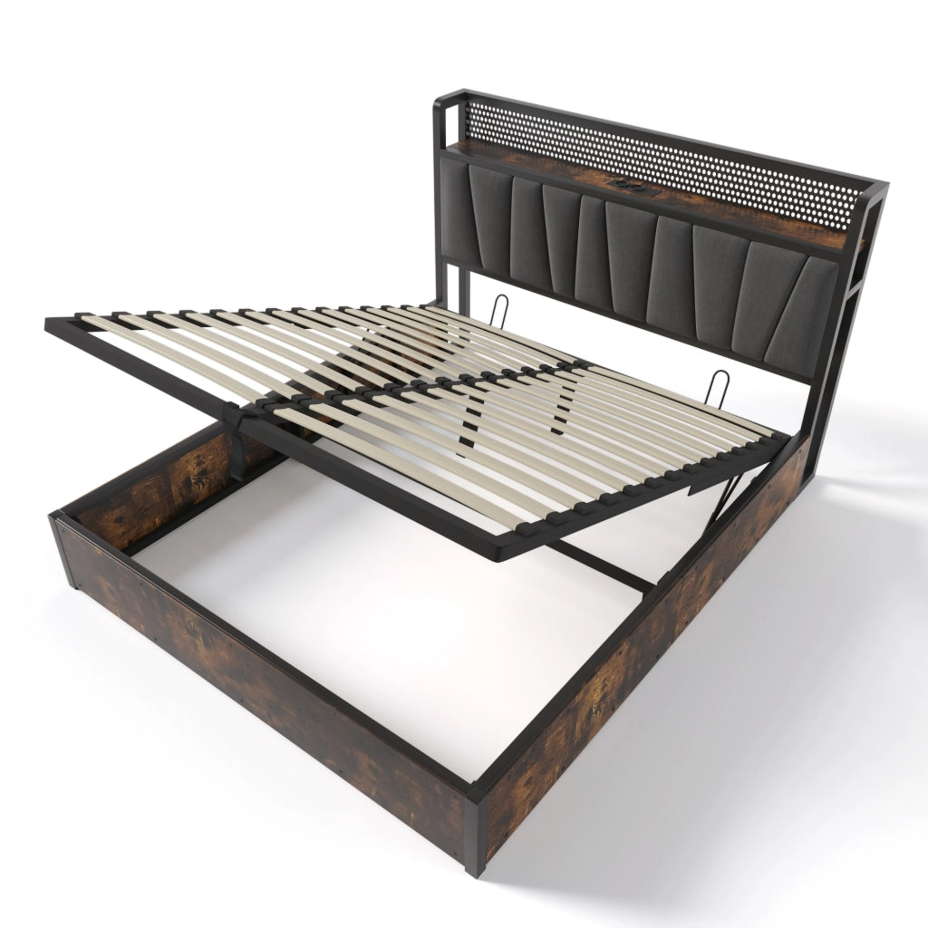 Letto matrimoniale 160x200 cm in metallo e lino grigio con LED RGBW, prese USB e contenitore