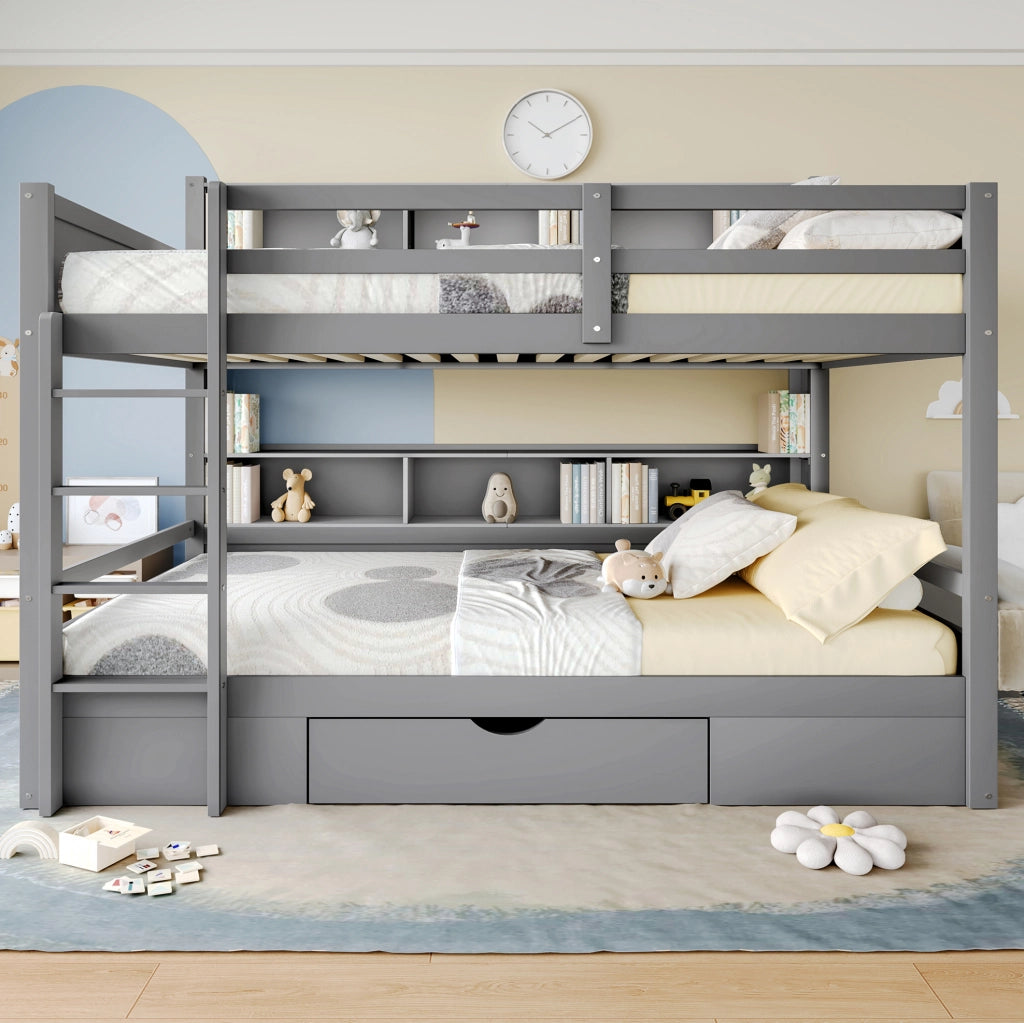 Letto a castello 90x200 cm grigio con cassetto e ripiani