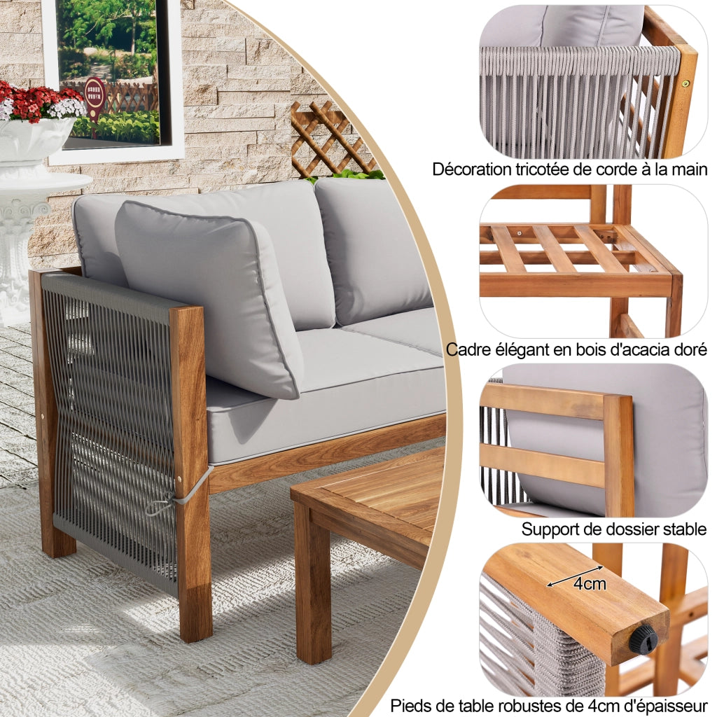 Salotto da Giardino con 2 Divani 2 Posti e 1 Tavolino; Braccioli in Corda Intrecciata; per Terrazza; Legno e Ferro; Grigio