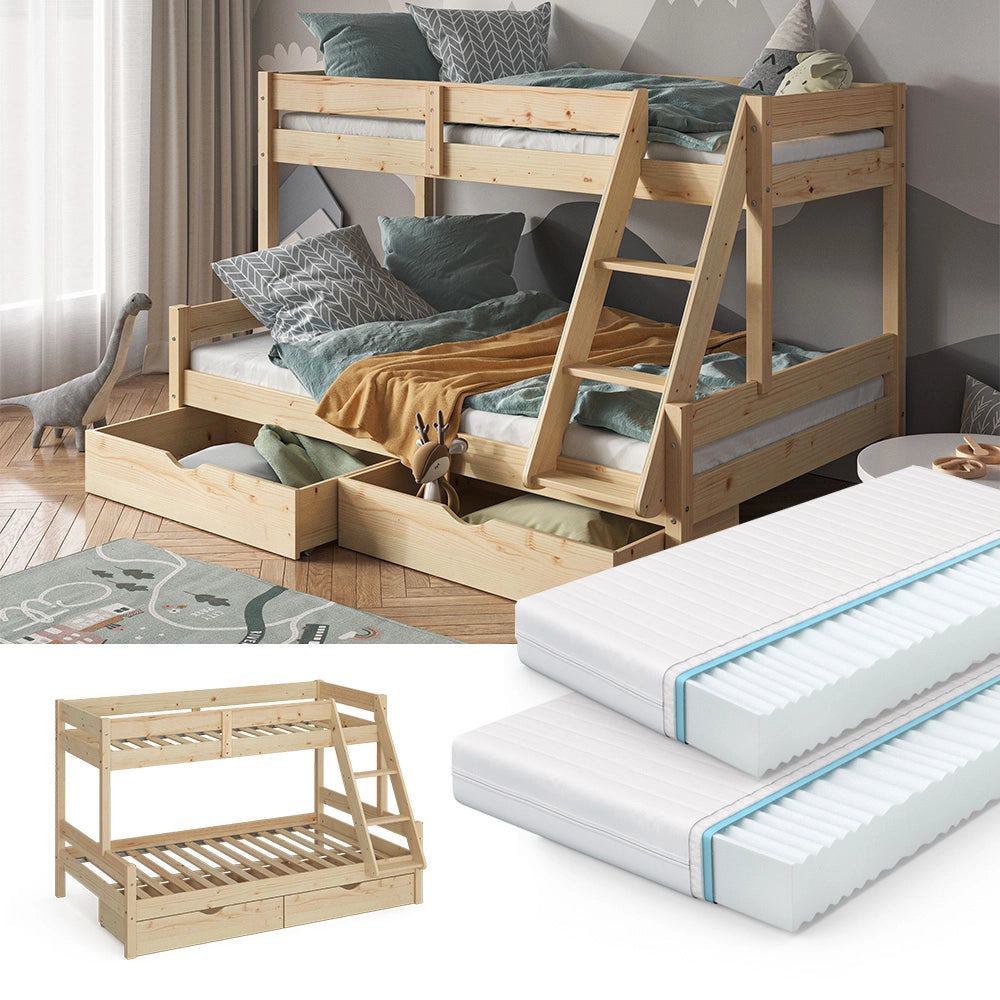 Vitalispa Letto a castello Legno naturale 120x200 / 80x200 cm con 2 materassi e 2 cassetti