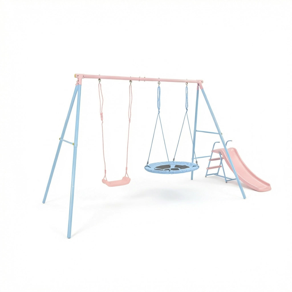 Area giochi per bambini con due altalene e scivolo per giardino in acciaio blu e rosa 120×40×26 cm