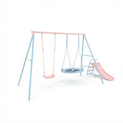Area giochi per bambini con due altalene e scivolo per giardino in acciaio blu e rosa 120×40×26 cm
