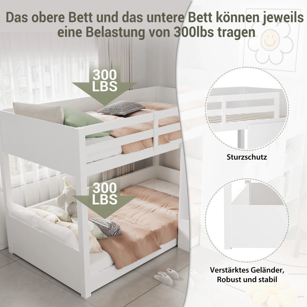 Letto a Castello 2 Posti con Scala Contenitore e Armadietti; 90×200 cm; senza Materasso; Bianco