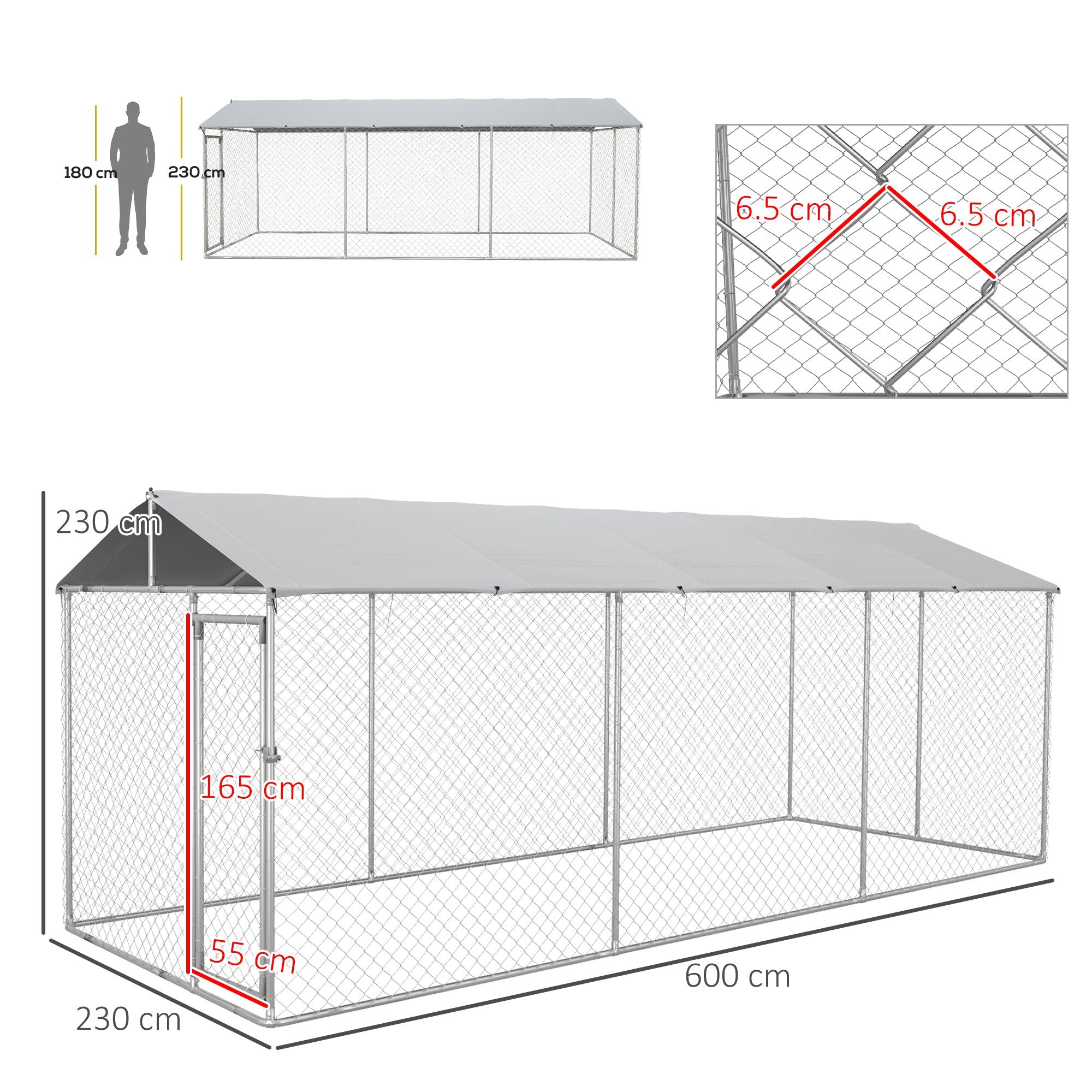 Kennel per Cani da Esterno 6x2,3x2,3m con Tetto Impermeabile in Tessuto Oxford e Acciaio Argento