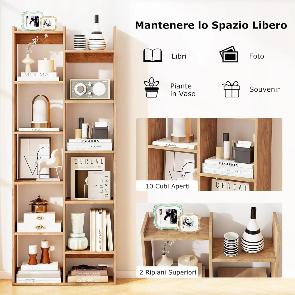 Scaffale in Legno per Libri, Libreria a 12 Ripiani con Kit Anti-Ribaltamento, Unità di Stoccaggio a Forma di Albero, Ideale per Casa Ufficio, 65 x 20 x 162 cm (Naturale)