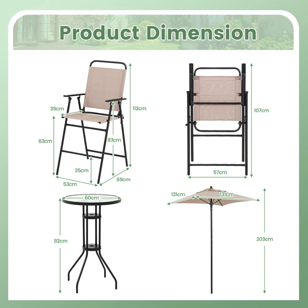 Set di Mobili da Giardino Con Ombrellone, Tavolo da Bistrot Con 2 Sedie Pieghevoli, 4 Pezzi, Set da Balcone Rotondo