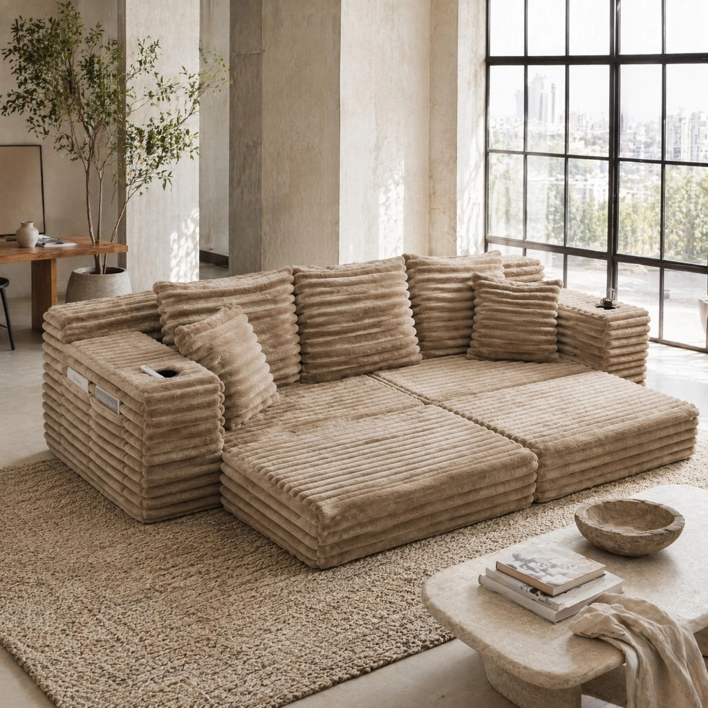 DIVANO LETTO componibile 273x98x87 cm in tessuto a coste Khaki