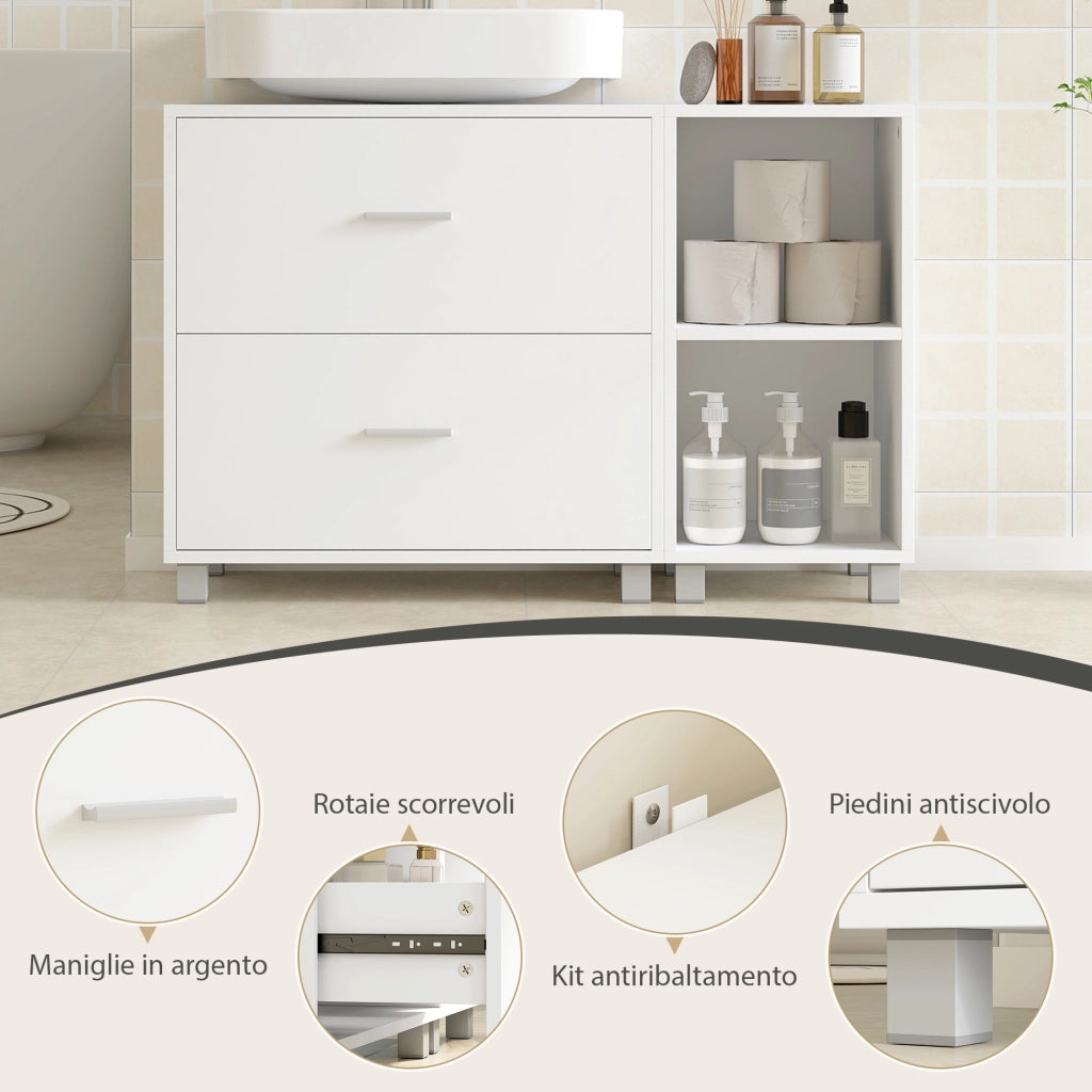 Mobile Sottolavabo da Bagno 90x30x60 cm con 2 Cassetti e Ripiani Aperti in Legno Bianco