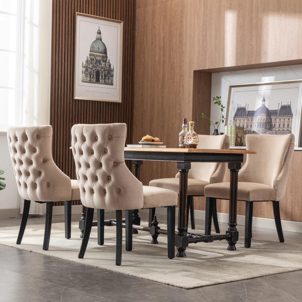 Sedie da Pranzo Imbottite in Velluto ¨C MINIMAL ¨C Beige, Gambe in Legno Massello, Set 4 Pezzi