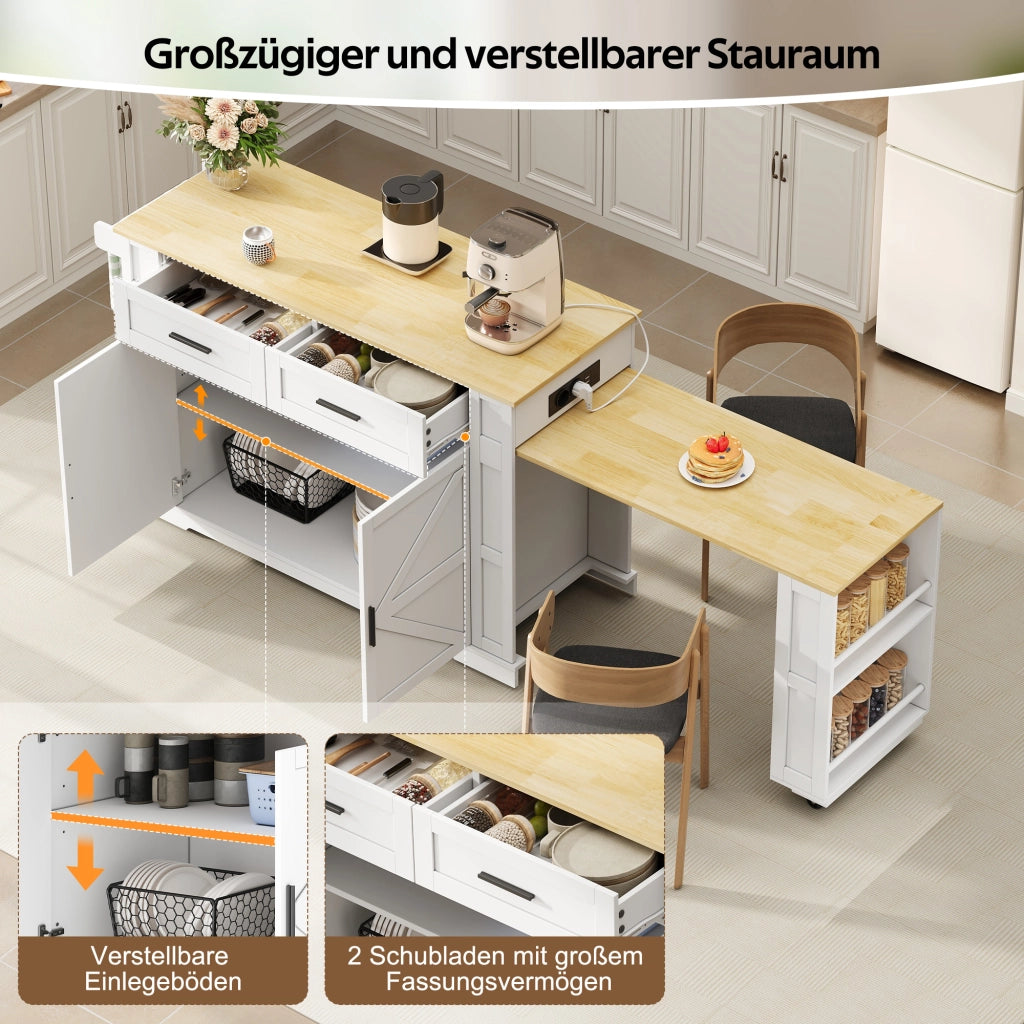 ISOLA CUCINA 130(205)x50x93 cm con prese, MDF Bianco/Legno