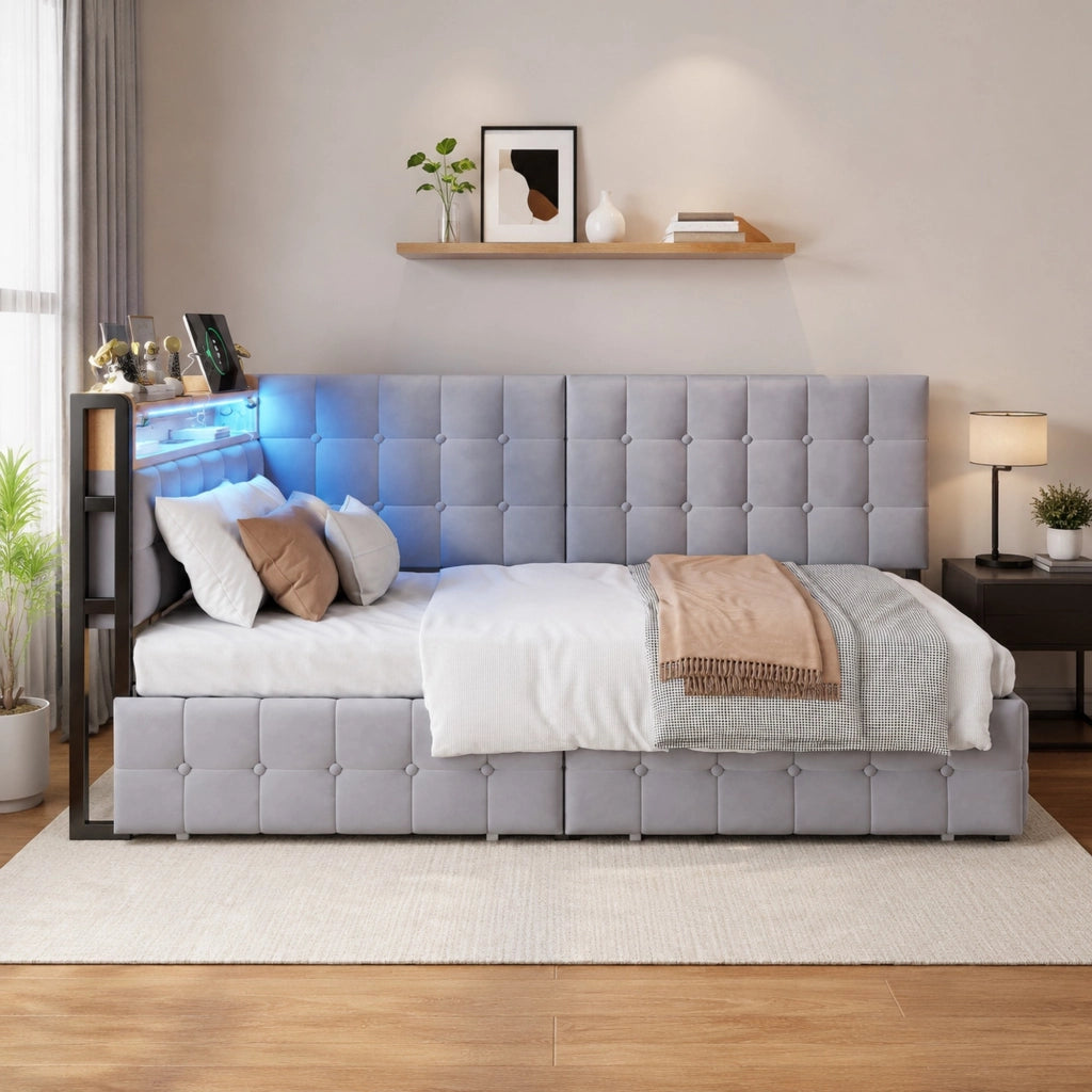 Divano letto imbottito 90x200 cm grigio con LED; 2 cassetti; USB e Type-C