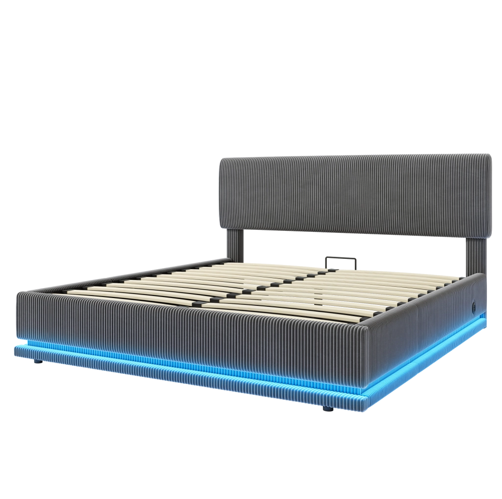 Letto matrimoniale imbottito 140x200 cm in tessuto corduroy grigio scuro; testiera regolabile con LED e USB-C