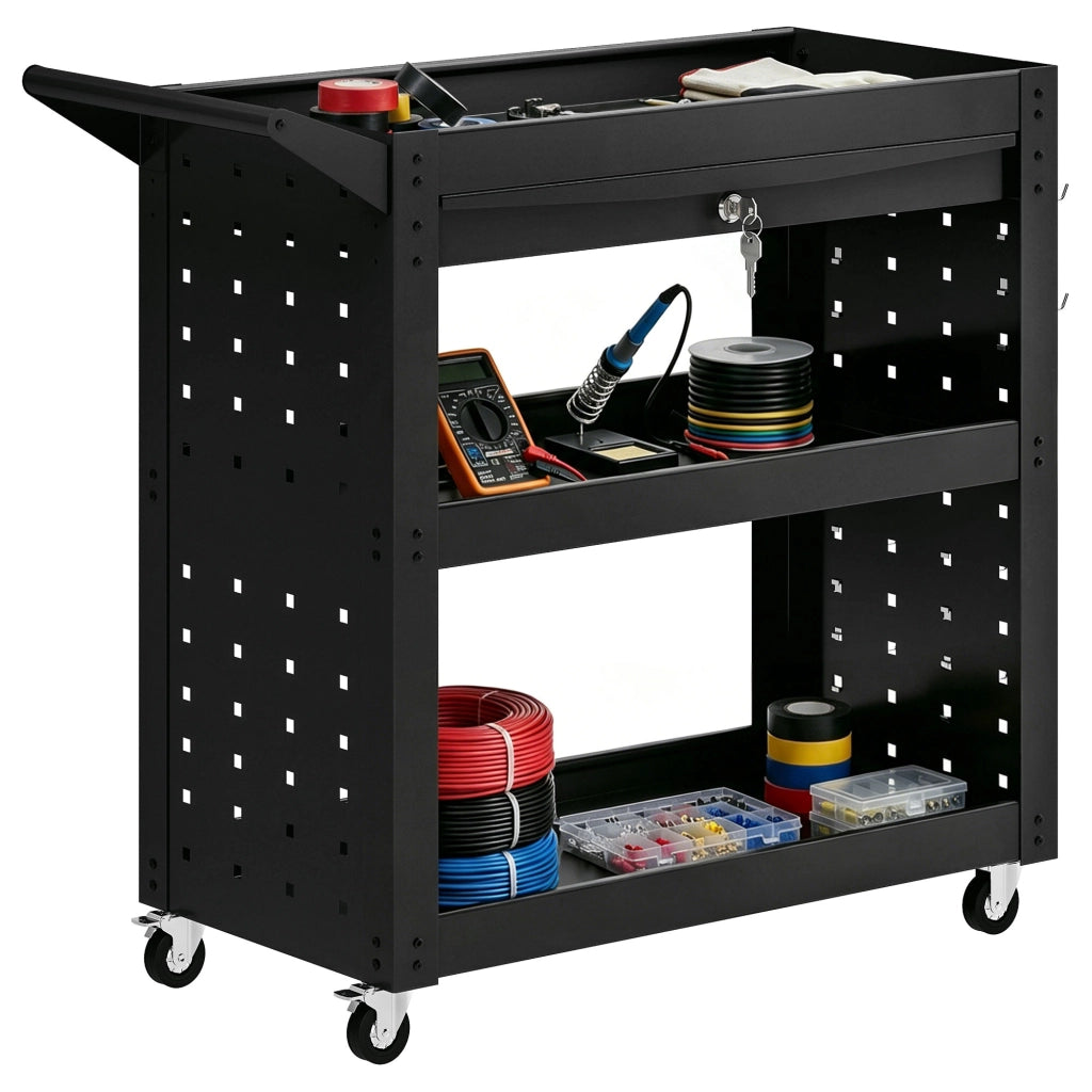 Carrello utensili 3 livelli con cassetto e pannello forato ¨C zephmum ¨C Nero