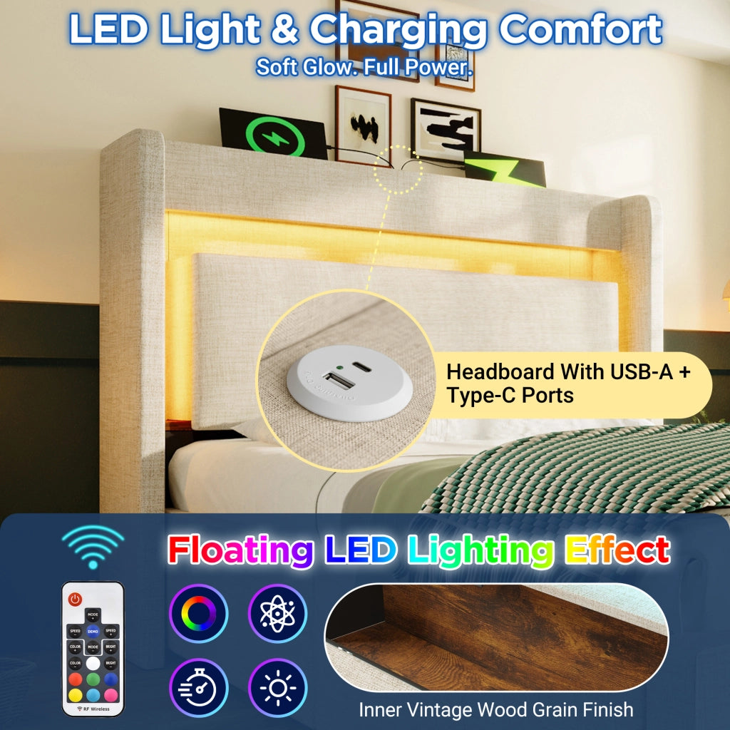 OKWISH Letto Contenitore 90×200 cm, Letto Singolo con Contenitore Idraulico, Cassetto, USB, Tipo C e LED Regolabile, senza Materasso, Lino, Beige