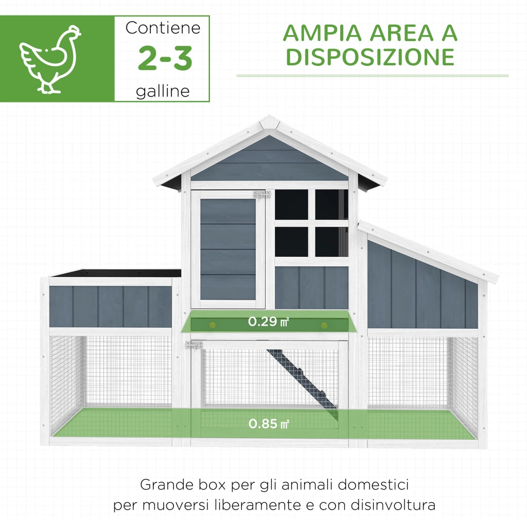 Pollaio Prefabbricato in Legno con Area Aperta, Casetta e Nido, 161.5x62.5x115cm, Grigio
