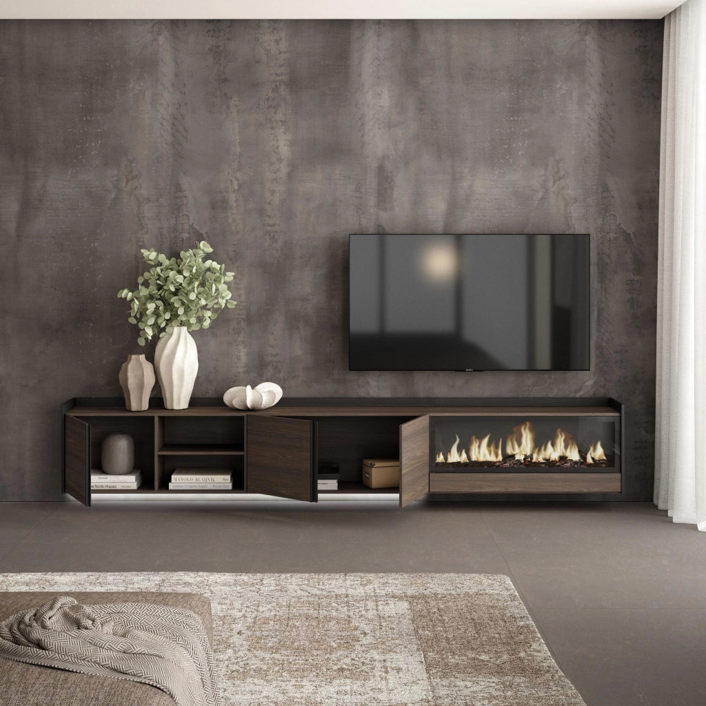 Mobile TV Soggiorno, 315x50x35 cm, Per TV fino a 80", Camino elettrico XXL, Sospeso, da appendere, LED, Rovere scuro e Nero