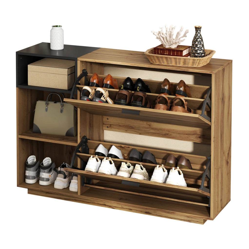 Mobile portascarpe 120x32x84;5 cm in MDF; con 3 vani aperti e 2 vani a ribalta; naturale