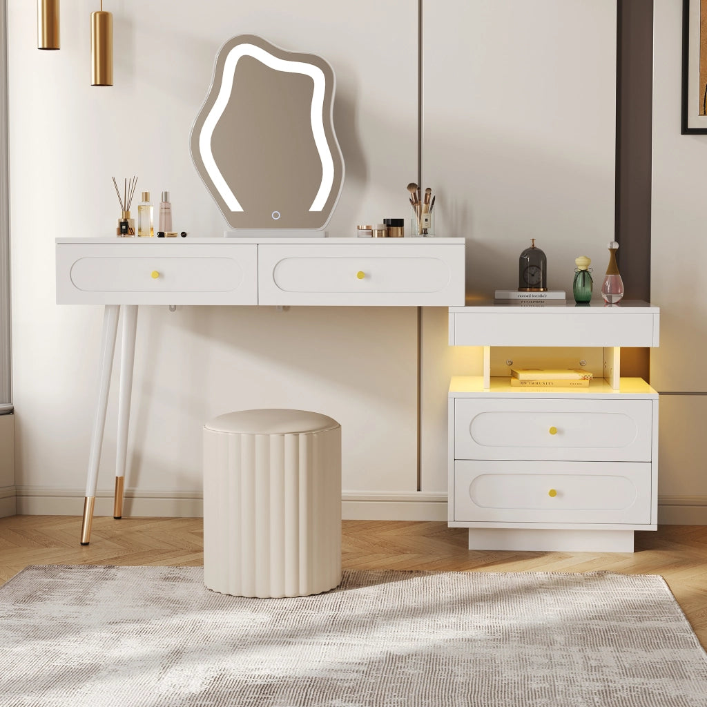 Tavolo da trucco con specchio LED, 4 cassetti e vano aperto, design salvaspazio per camera da letto, bianco, 140¡Á40¡Á130 cm