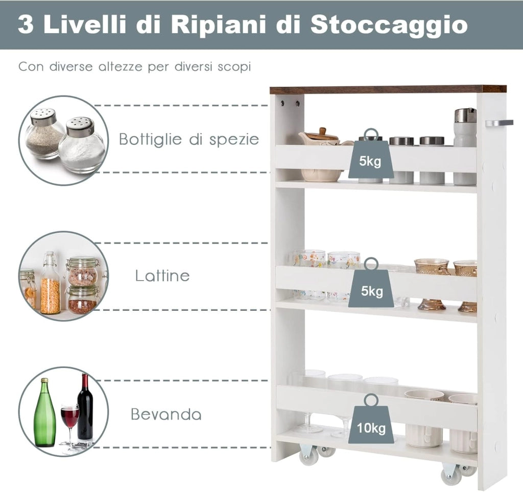Carrello Portaoggetti da Cucina, Scaffale con Maniglia Laterale e Ruote, Carrello Salvaspazio con 3 Scaffali Stretti, 48x12,5x81 cm