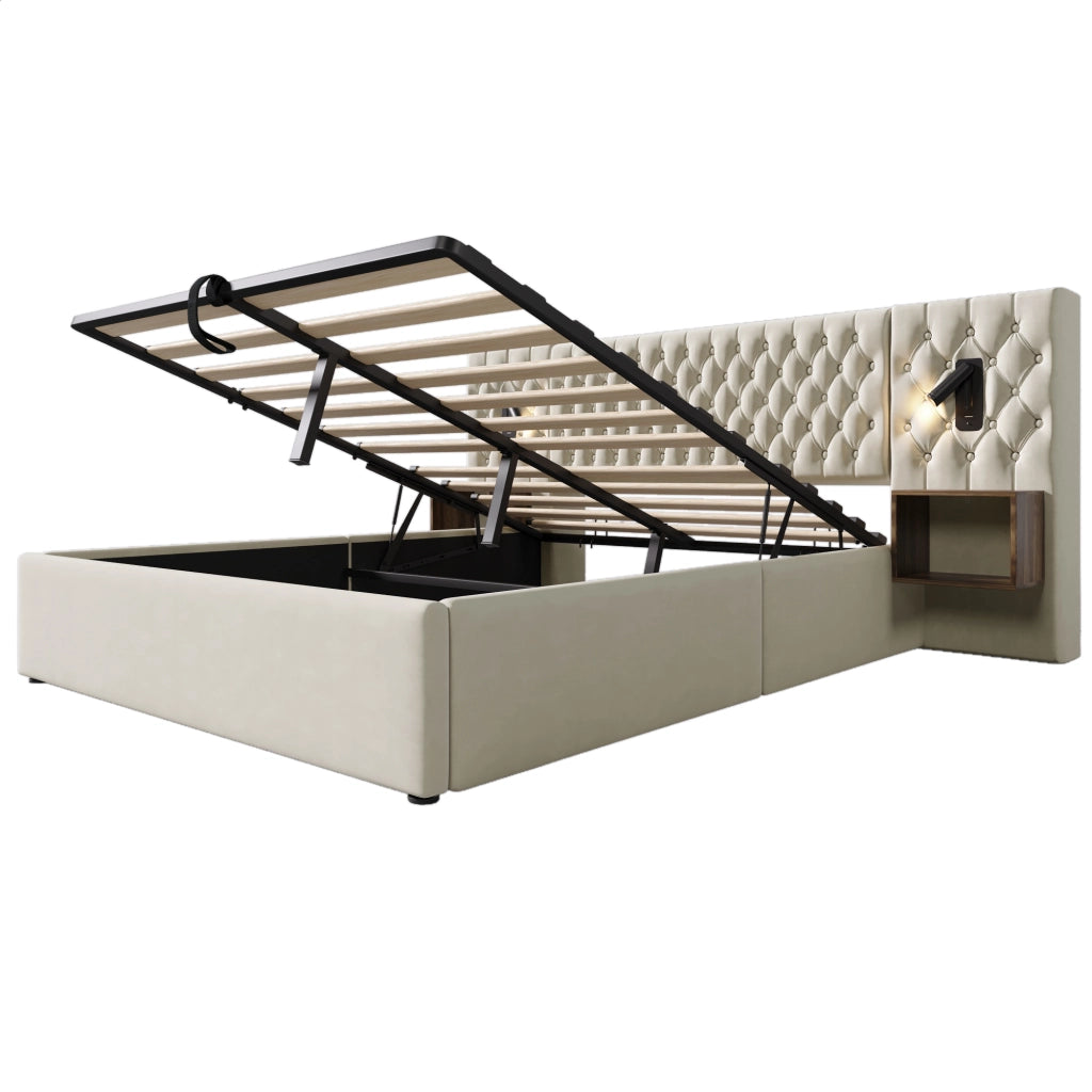 Letto Matrimoniale 180x200 cm; Contenitore; con 2 Comodini; USB e Type-C - Beige