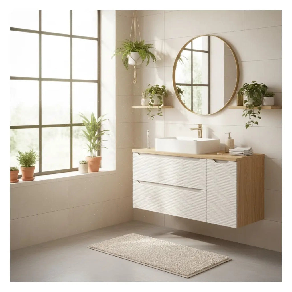 Set da bagno YOKA beige: mobile sotto lavabo con cassetti e armadietti 120 cm + piano per lavabo + lavabo da appoggio