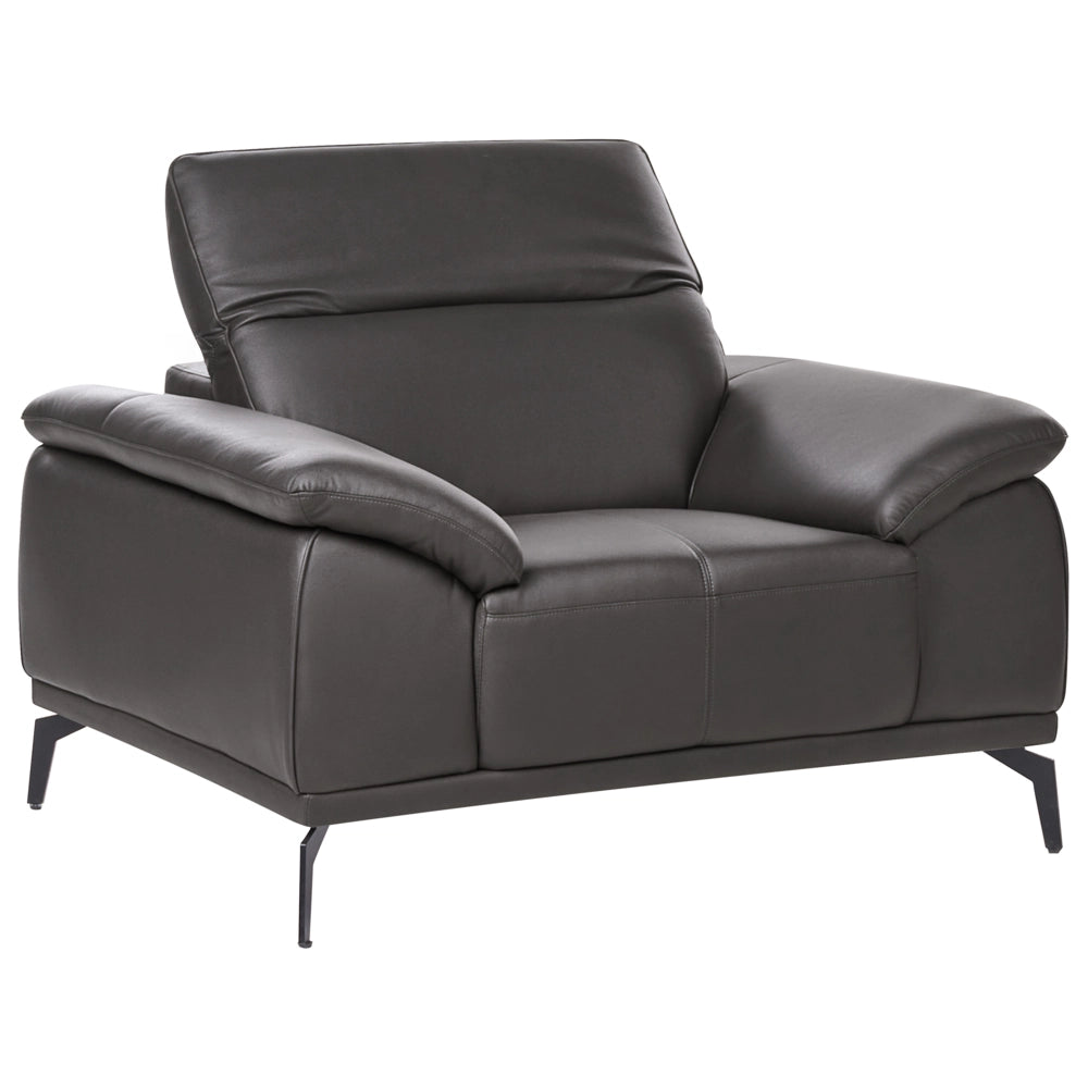 Poltrona in ecopelle con poggiatesta regolabile e gambe in metallo, colore nero stile moderno