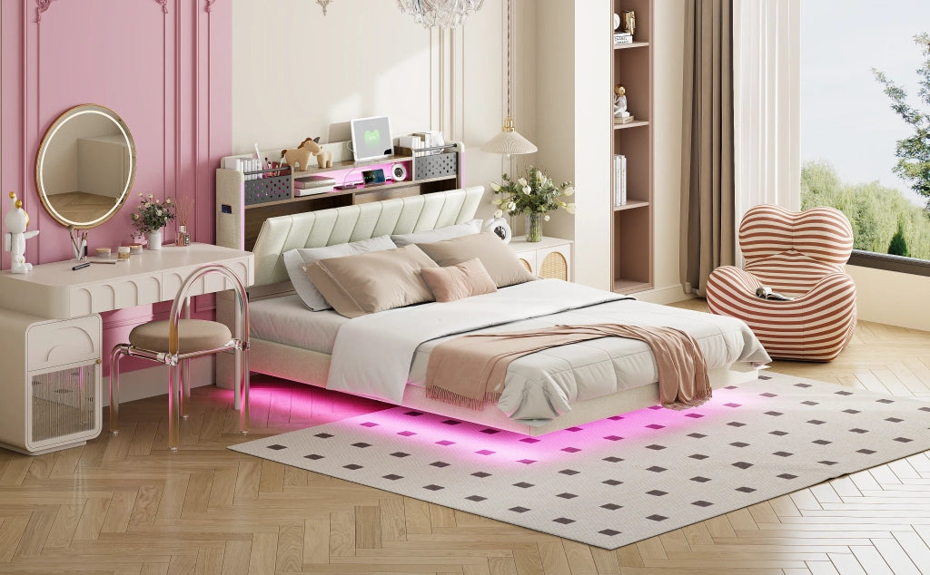 Letto matrimoniale imbottito 140x200 cm con LED; USB; testiera contenitore e rete; beige