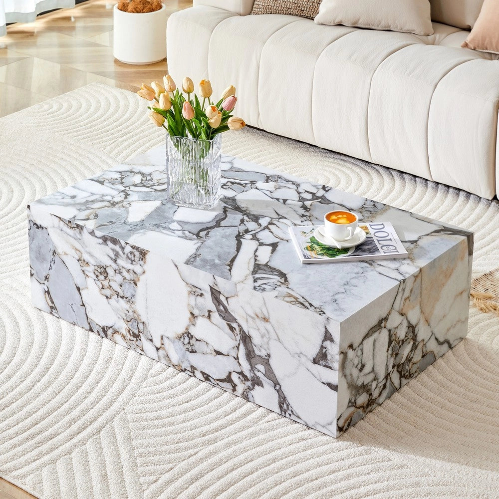 Tavolino da Caff¨¨ Rettangolare ¨C Xylo ¨C Bianco, Effetto Marmo, MDF, 90x50x30