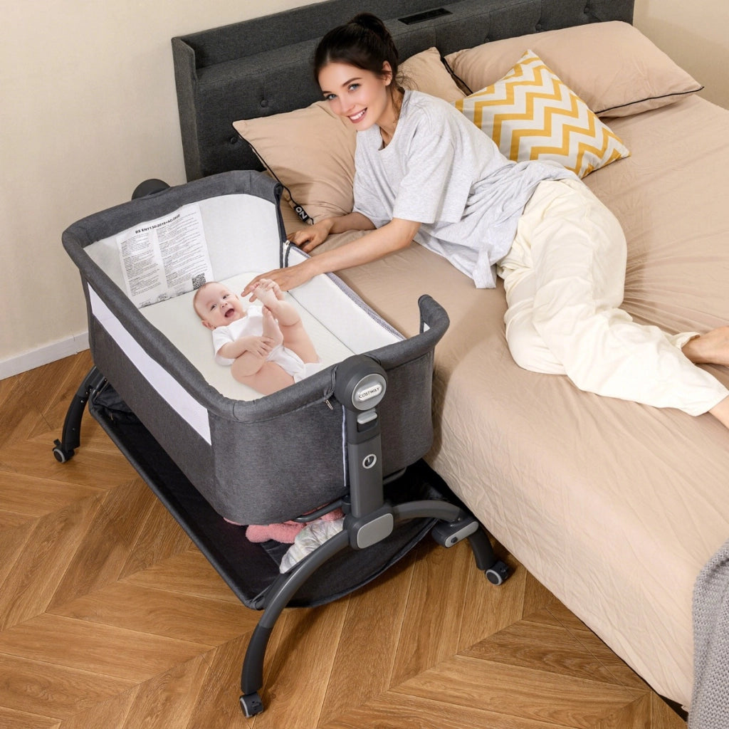 Lettino affiancato con regolazione in altezza a 7 livelli per neonati, Culla co-sleeper per bambini cesto portaoggetti Grigio