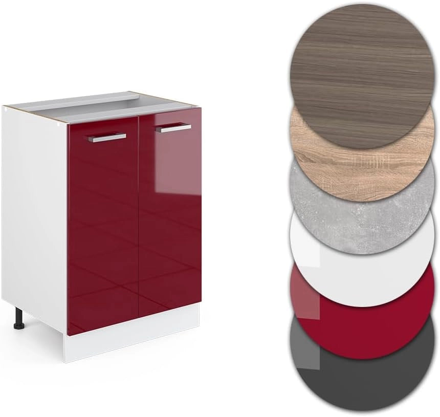 Mobiletto base cucina R-Line, Rosso lucido, 60 cm senza piano di lavoro, per la libera combinazione all'interno di sistemi cucina modulari