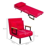 Poltrona Letto 3 in 1 con Schienale Reclinabile e Cuscino, in Tessuto Effetto Velluto, 63x73x81 cm, Rosso