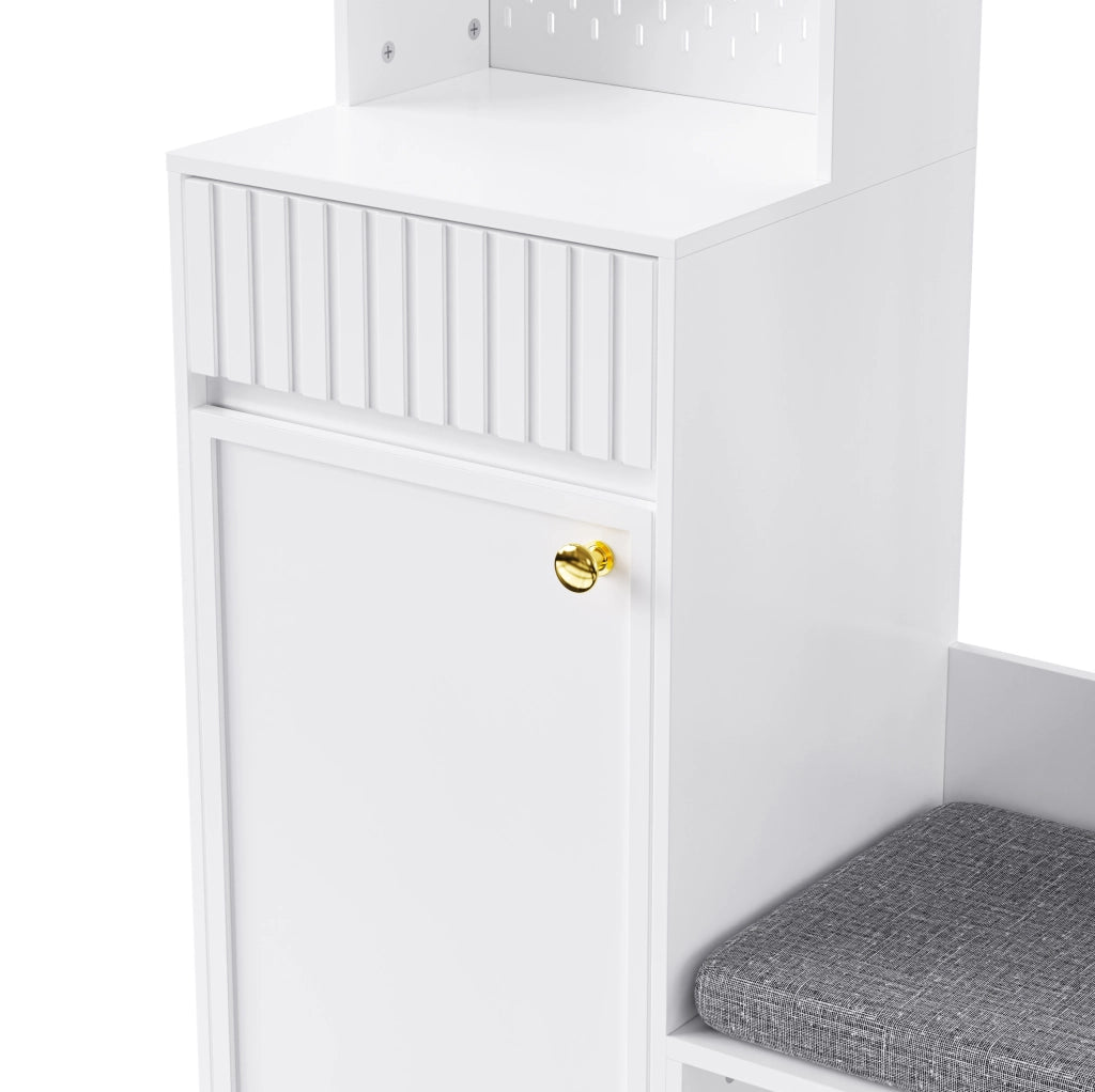 Mobile ingresso multifunzione con panca; 4 ganci; cassetti e pannello forato; bianco 100x35x180 cm