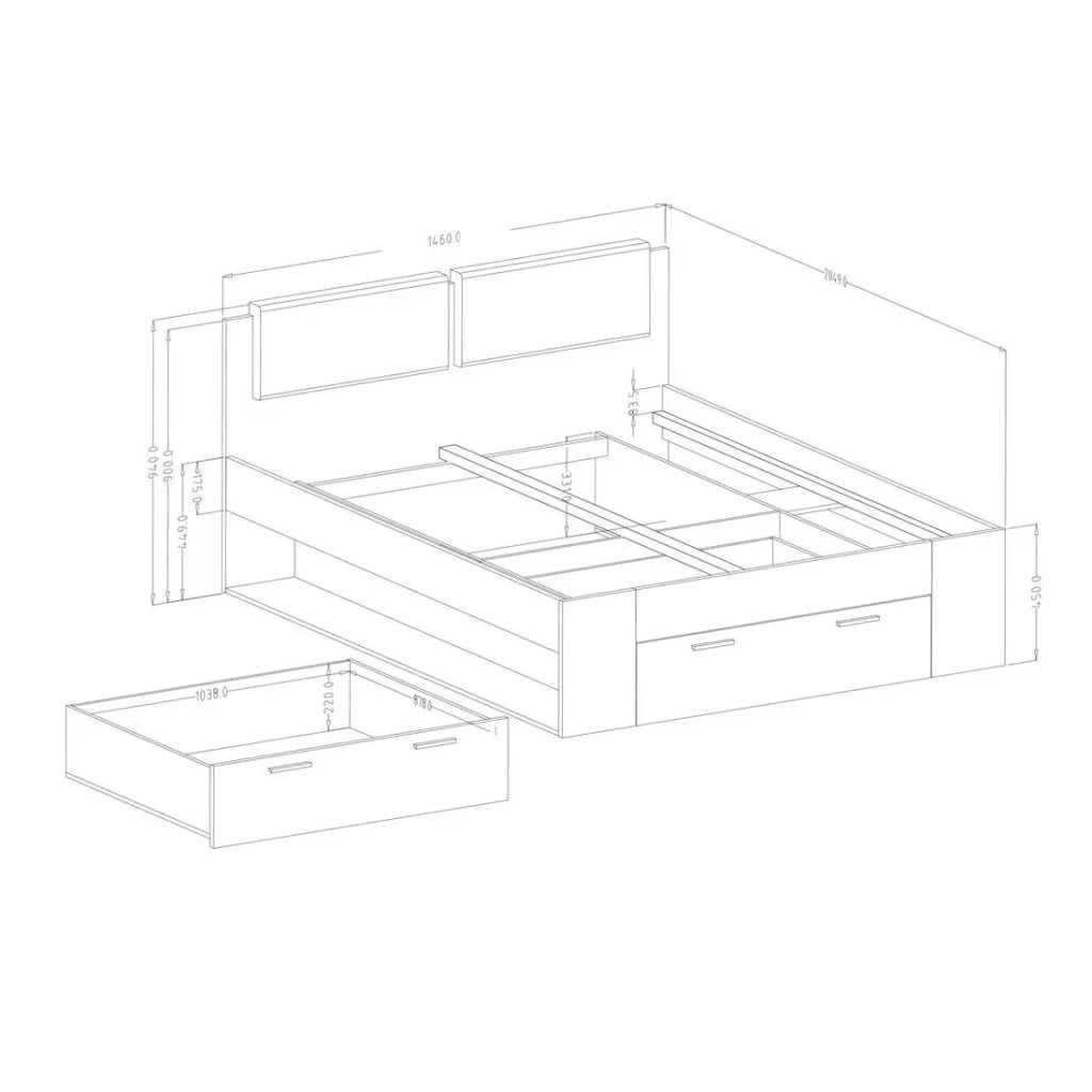 Letto adulto 140x200 con cassetti integrati - Collezione FLOYD. Colore rovere scuro e nero.