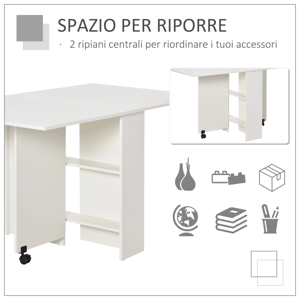 Tavolo Pieghevole Salvaspazio in Legno Bianco con Ruote