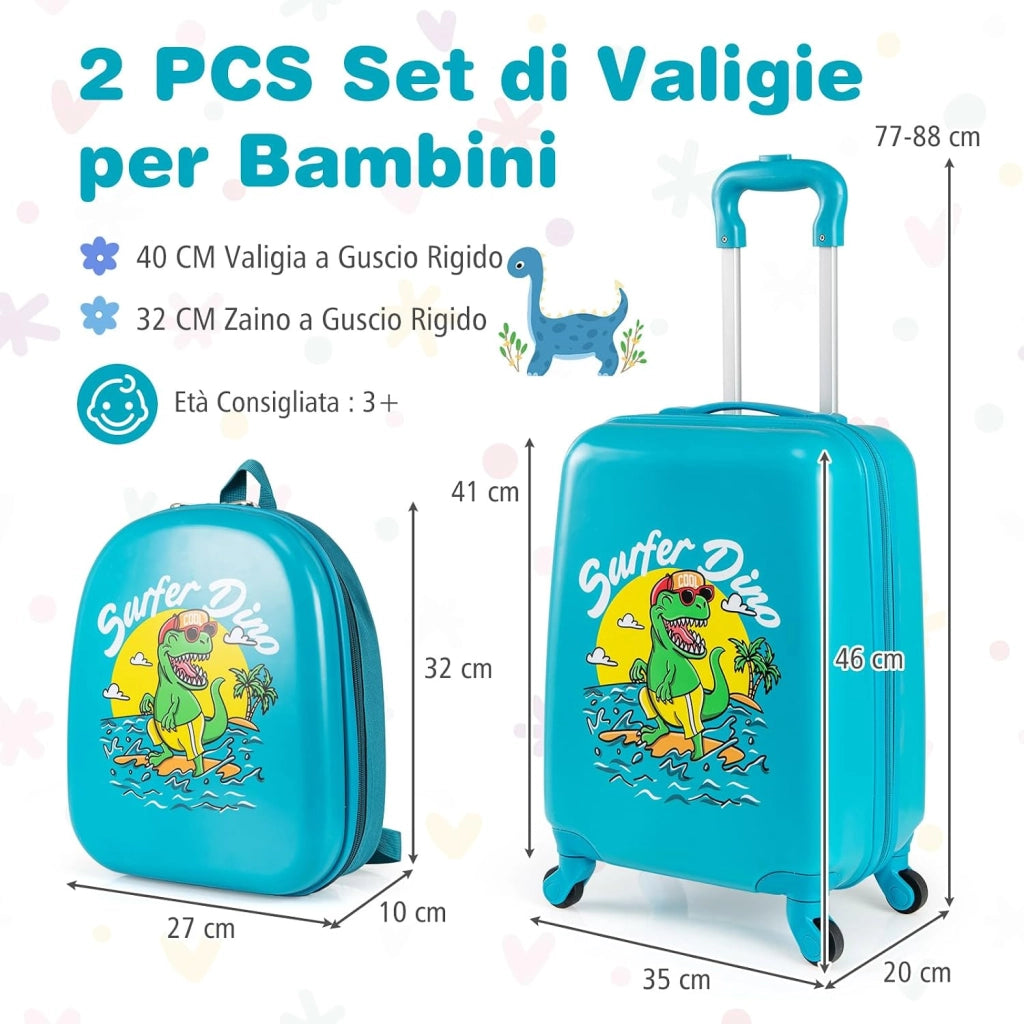 Set di 2 Valigia per Bambini, 17" Valigia+ 13" Zaino, con Ruote Girevoli a 360°, Maniglia Retrattile e Spallacci Regolabili, Ideale per Viaggiare in Modo Comodo e Divertente (Modello 1)