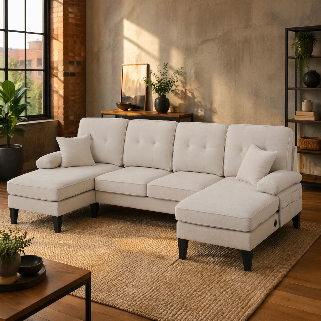 DIVANO A U 4 POSTI 250x130x88 cm in lino beige con 2 chaise longue