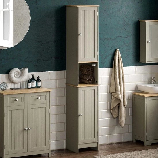 Cassettiere in legno per bagno, posizionamento a pavimento - colore grigio e eucalipto - soluzione di archiviazione