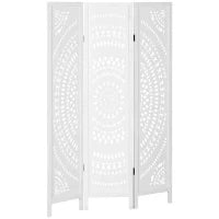Separé Paravento da Interni Pieghevole a 3 Pannelli in Legno Intagliato, 120x170cm, Bianco