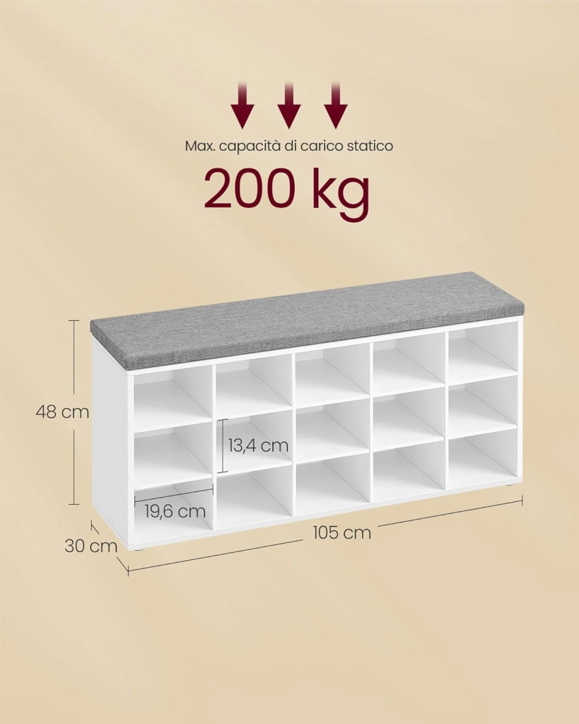 VASAGLE Panca Scarpiera, Scarpiera Ingresso con Seduta Imbottita e 15 Scomparti, Scaffale Porta Scarpe da Ingresso, 30 x 105 x 48 cm, Bianco e Grigio LHS15WT