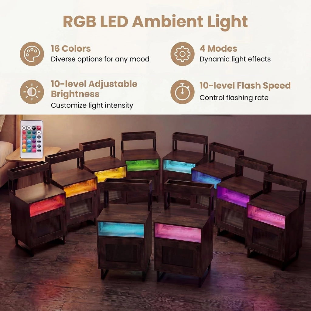 Comodino Cameretta con Luce LED a 16 Colori e Telecomando, Tavolino Camera da Letto con Ripiano Aperto e Armadio, Comodino con Gambe in Metallo per Soggiorno, 45 x 40 x 80 cm (Marrone)