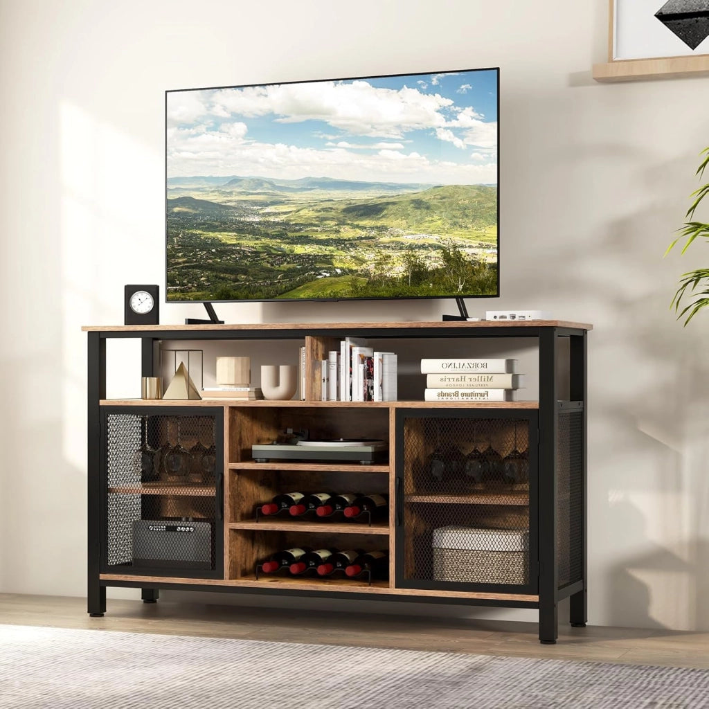 Credenza da Buffet, Mobilellto da Cucina con Portabottiglie e Portabicchieri, Porta TV per TV fino a 60" con 2 Armadietti con Anta, 3 Ripiani e 2 Scomparti Aperti, Nero/Grigio(Marrone)