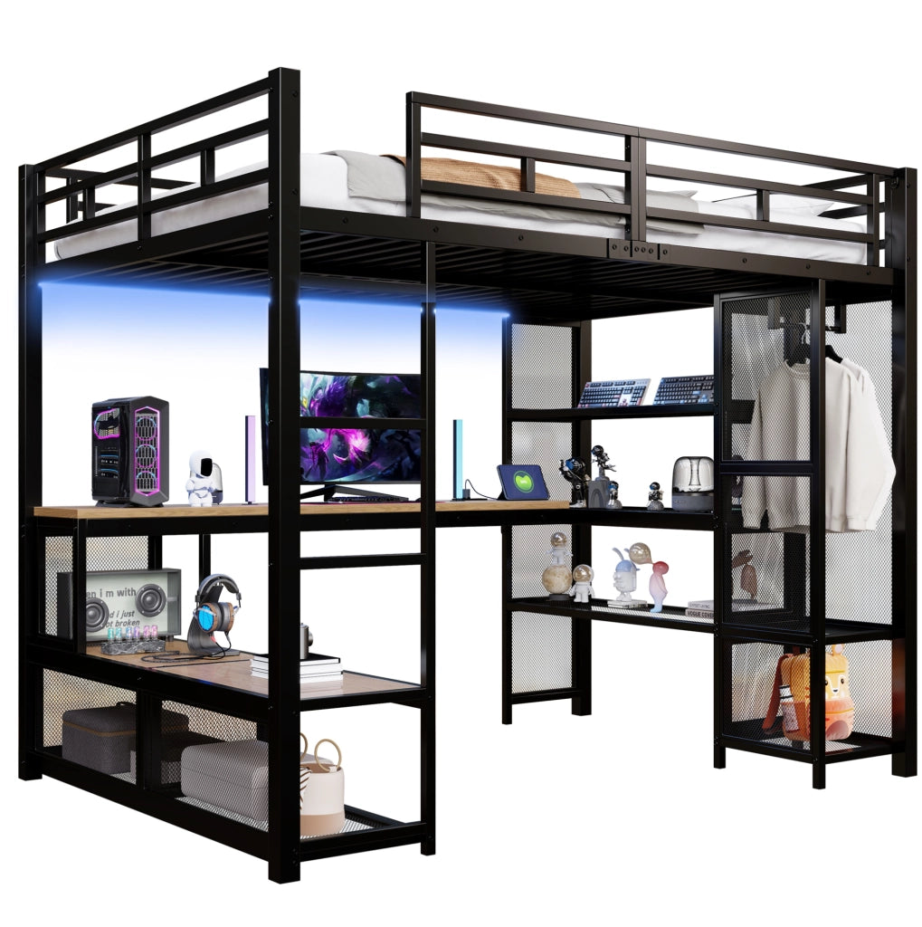 Letto a soppalco 140x200 cm con scrivania; ripiani; LED e guardaroba aperto in metallo nero