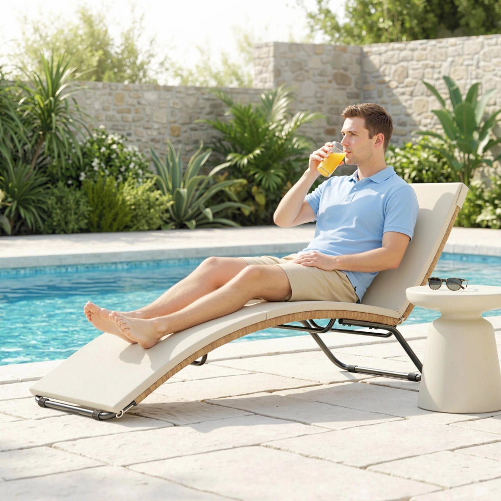 Lettino Sdraio a S da Esterno 175x57x80 cm con Cuscino in Rattan PE e Acciaio Crema