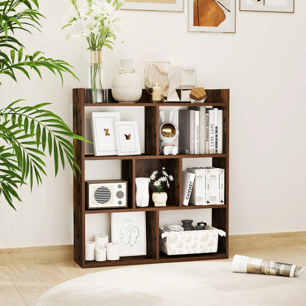 Libreria a cubi aperti con 7 scomparti, Mensola espositiva per l'archiviazione in legno per studio soggiorno Marrone