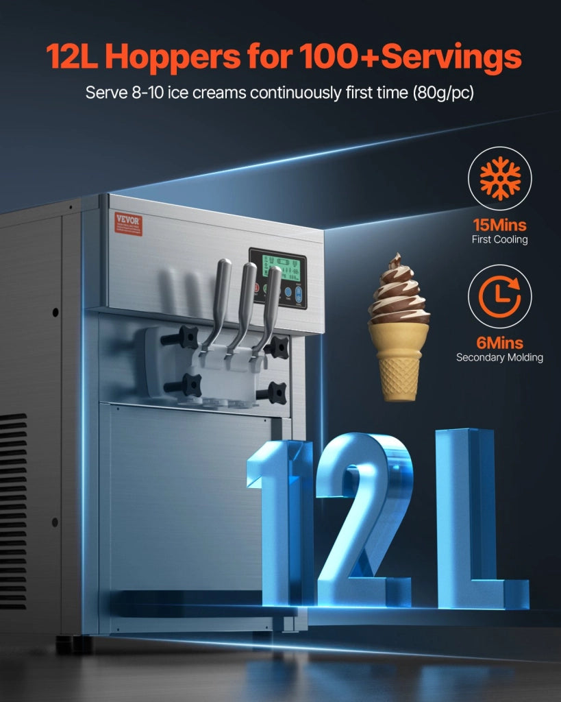 Macchina per Gelato Soft Commerciale 1800 W 20L/H da Banco 3 Gusti in Acciaio Inox con Display LCD e Preraffreddamento BQL-7220T
