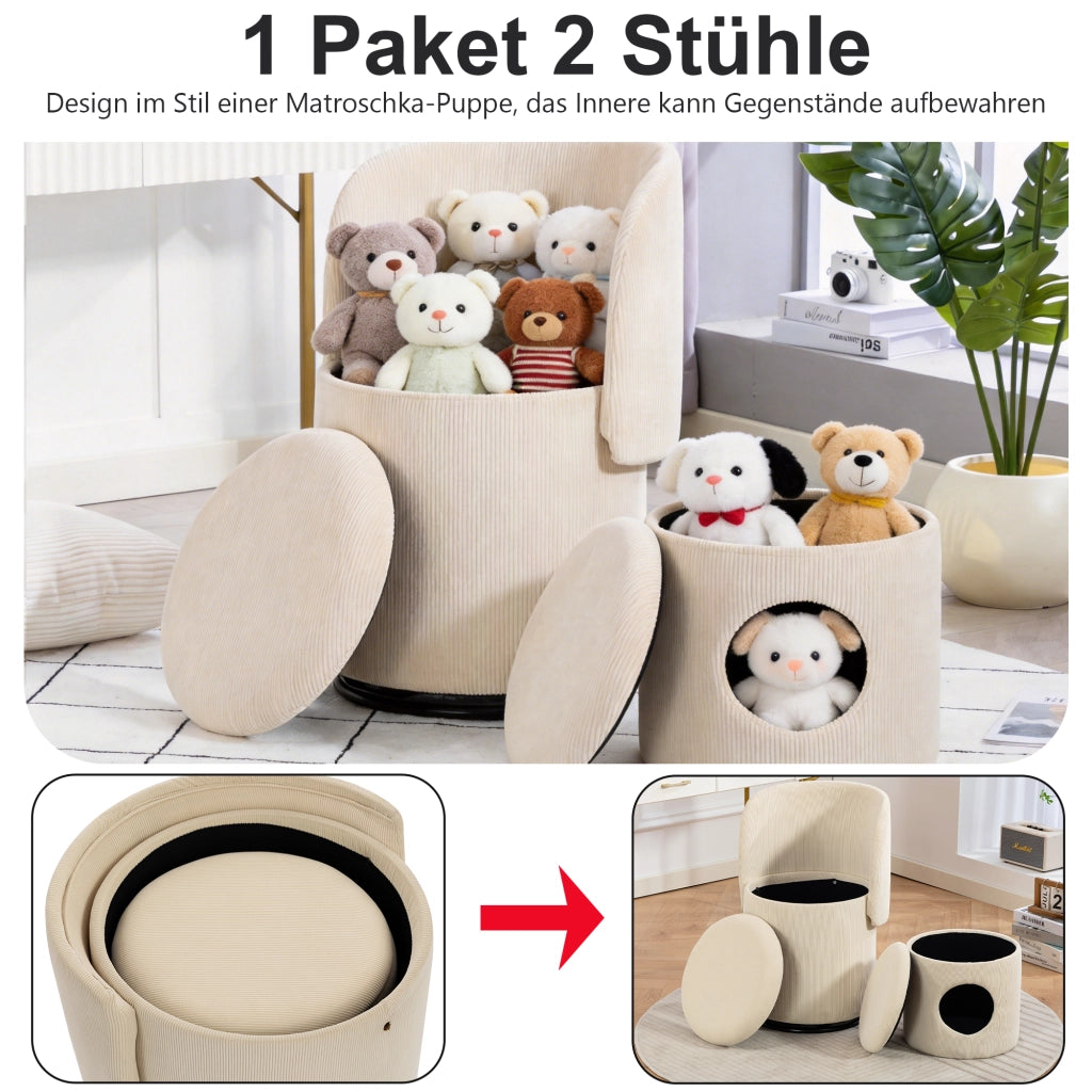 Poltroncina girevole a 360° con vano contenitore in velluto a coste beige per camera da letto e sala da pranzo