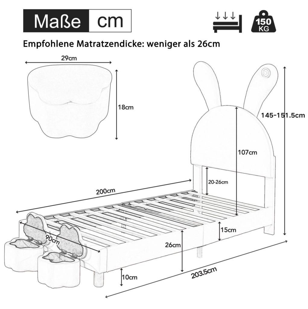 Letto 90x200 cm in velluto francese rosa con LED; 2 panche contenitore e orecchie pieghevoli