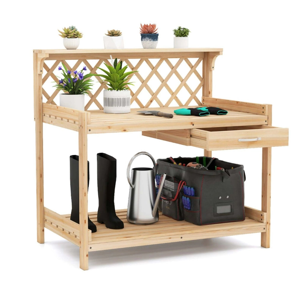 Tavolo da giardinaggio con traliccio e cassetto rimovibile, Panchina per vasi di fiori da interno ed esterno Naturale-Scaffali per piante